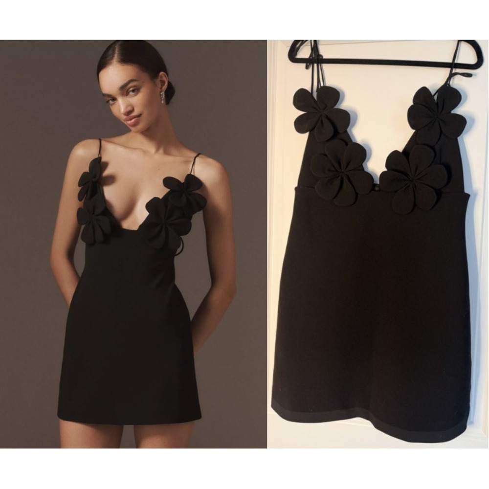 Bardot Ingrid Size 8 Deep V-Neck Appliqué Tie Mini Dress Black Revolve EUC